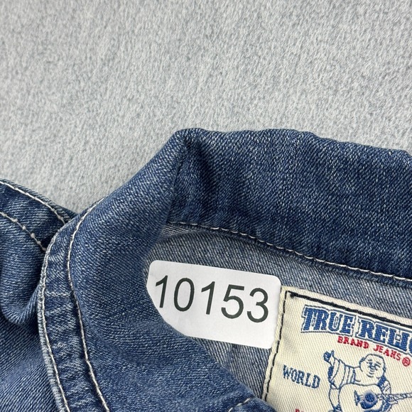 True Religion Trucker Jacket Womens Medium Blue Denim Jeans Super T Dark Wash - Picture 10 of 10